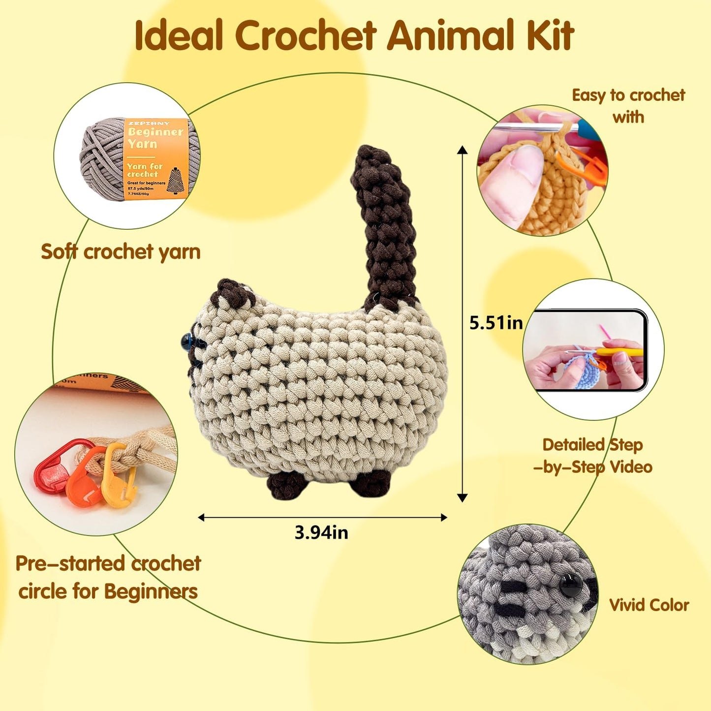 Zepiany Crochet Kit for Beginners, Crochet Cat Crafts for adults, Amigurumi Crochet Animals Craft Kit Crochet Set, Easy Christmas Gifts with Step-by-Step Video Tutorials, Hobbies for Adults Women