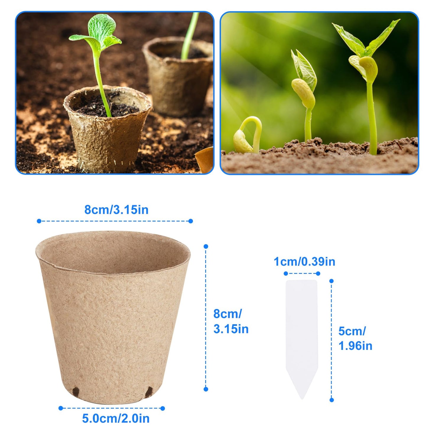 130 Pcs Peat Pots 8 cm, Seed Starting Pot with Drainage Holes, 3.15 Inch Round Seedling Nursery Box, Small Seed Starting Starter Tray Bulk, Garden Germination Container with Bonus 130 Plant Labels