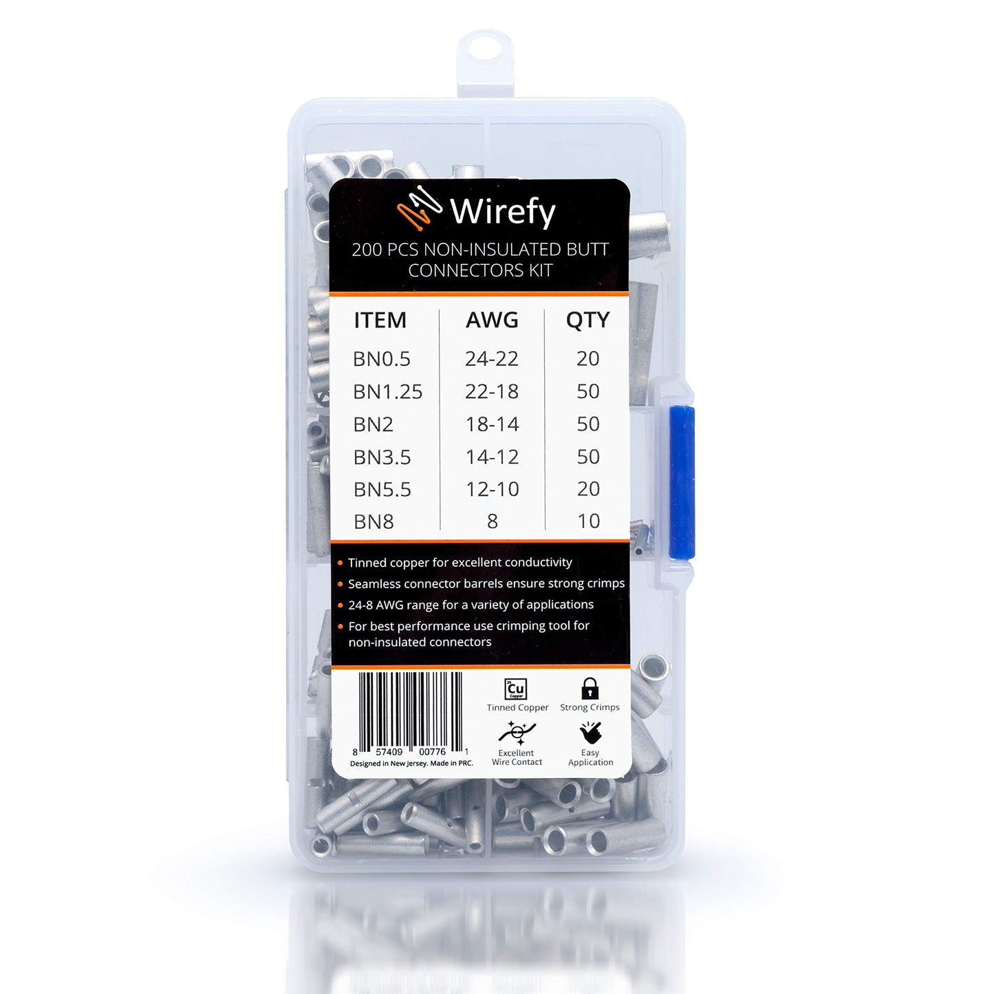 Wirefy 200 PCS Non Insulated Butt Connectors Kit - Butt Splice Connectors - Uninsulated Crimp Wire Connectors - 24-8 AWG