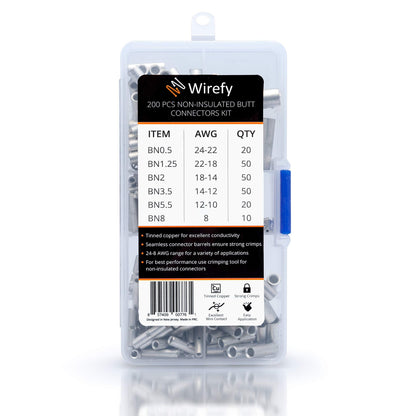Wirefy 200 PCS Non Insulated Butt Connectors Kit - Butt Splice Connectors - Uninsulated Crimp Wire Connectors - 24-8 AWG