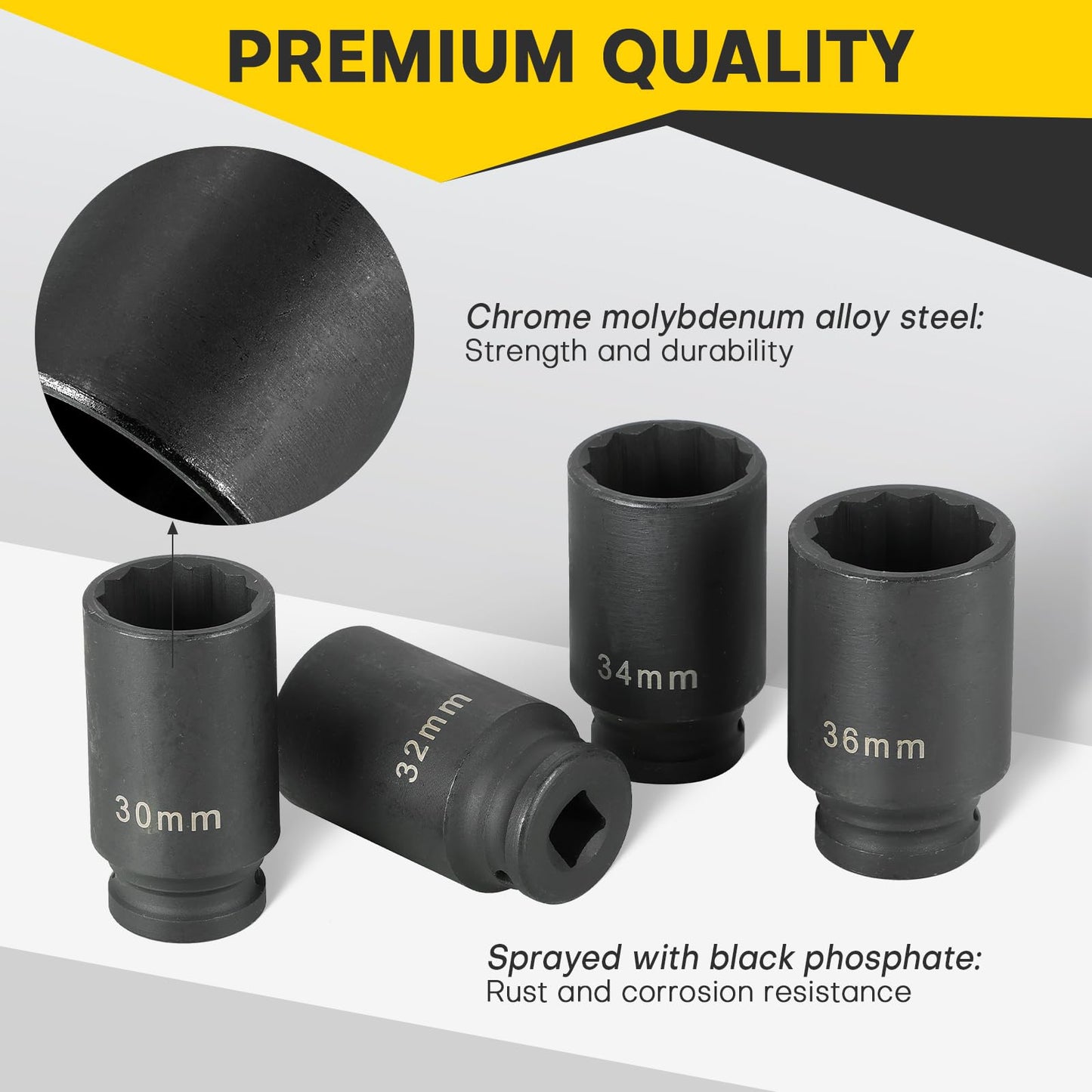 Acymner 1/2" Drive Deep Spindle Axle Nut Impact Socket | 4 PCS Metric Axle Nut Socket Set, CR-MO, 12 Point Design, 30,32,34,36mm, 1/2 Inch Heavy Duty Deep Impact Socket Set