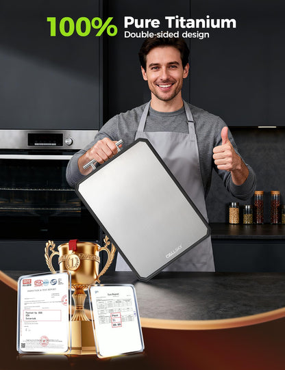 Titanium Cutting Board, Dual Sided Non-Toxic Cutting Boards, Food-Grade Metal and Plastic Chopping Board with Juice Groove for Kitchen Meat/Vegetables, Pure Titanium & Wheat Straw PP 16.3x11 in