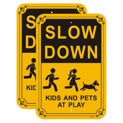 Danoib 2-Pack Slow Down Signs, Kids and Pets at Play Sign 18"x12" Reflective Aluminum Sign, Easy to Assemble, Waterproof, Weather Resistant, Non-Fading