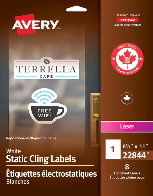 Avery Printable Static Cling Labels, 8.5" x 11", for Laser Printers, Repositionable Window/Glass Decal Labels, Waterproof, Great for Oil Change Decals, Custom, Rectangle, (22844), Made in Canada