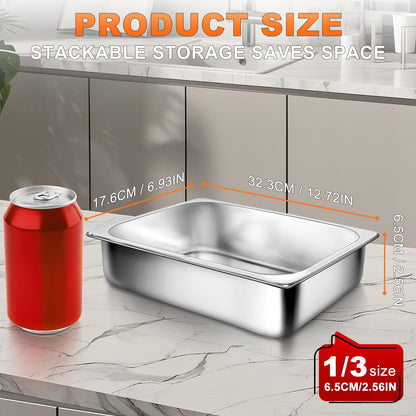 6 Pack 1/3 Size 2.5 Inch 304 Stainless Steel Hotel Pans: (12.8″ x 6.8″ x 2.5″) [2X Thicker] [Dishwasher Safe] 100% Food-Safe,Steam Table Pan for Restaurants, Catering, and Parties