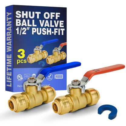New Age America® 3pcs Push-Fit Ball Valve AquaFlow 360™ | 1/2" Ball Valve Shut Off | 1pc Hot (Red) & 1pc Cold (Blue) w Removal Tool | Full Port Shut Off | 1/4" Turn | Push-to-Connect | NSF/ANSI & UPC
