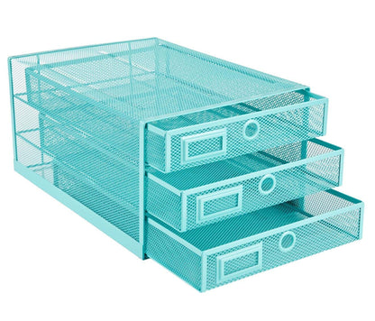 Annova Desk Organizer Wire Mesh 3 Tier Sliding Drawers Paper Sorter/Multifunctional/Premium Solid Construction for Letters, Documents, Mail, Files, Paper, Kids' Art Supplies … (turquoise)