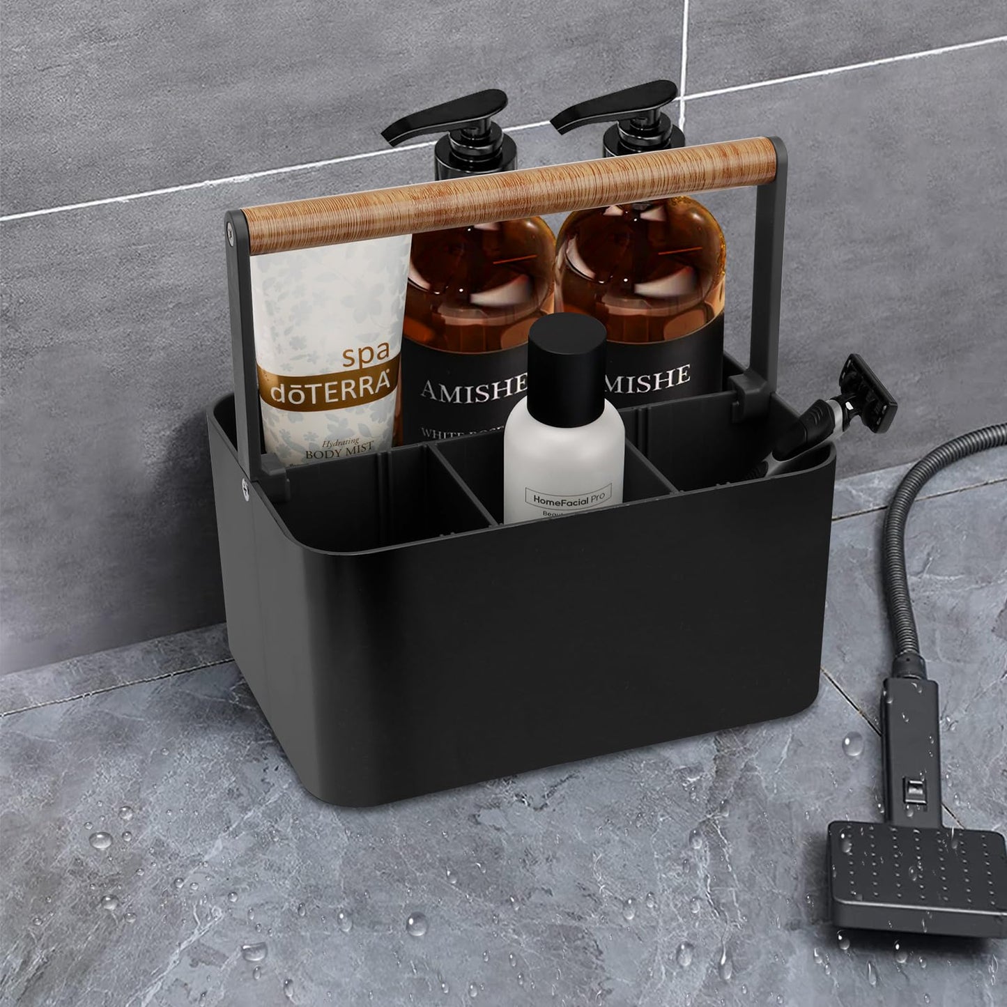BYUNER Portable Shower Caddy Dorm: Bathroom Cleaning Caddy Organizer with Handle and Adjustable Dividers,Plastic Shower Basket for Toiletry,Makeup,Vanity,Shower Storage Tote for College (Black Wood)