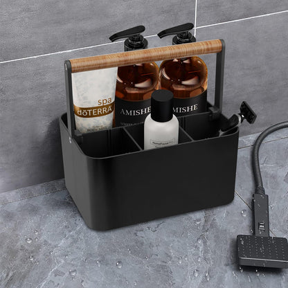 BYUNER Portable Shower Caddy Dorm: Bathroom Cleaning Caddy Organizer with Handle and Adjustable Dividers,Plastic Shower Basket for Toiletry,Makeup,Vanity,Shower Storage Tote for College (Black Wood)