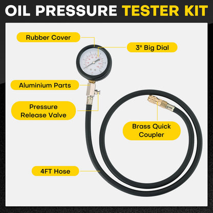 Acymner Oil Pressure Tester Kit | 0-140 PSI Engine Cylinder Oil Pressure Diagnostic Tester Tool Set with Hose Adapters for Cars ATVs Trucks Use