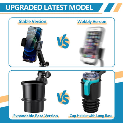 SAMPUSS 2-in-1 Phone Holders for Your Car, Car Cup Holder Phone Mount with Long Arm & 360°Rotation-Universal Smartphone Holder, Expands Cup Holder Space, Compatible with All iPhone and Android Devices