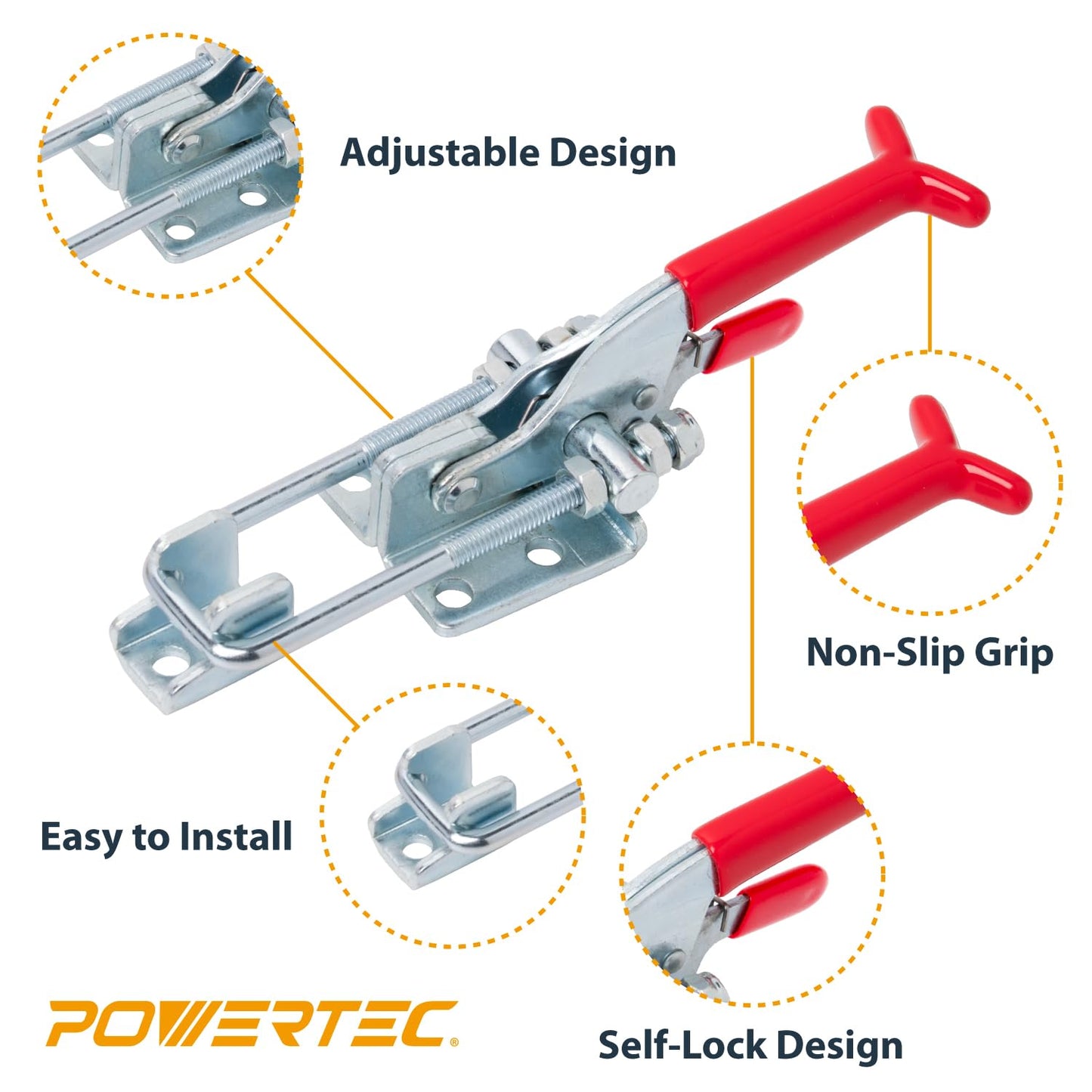POWERTEC 20341 Heavy Duty Adjustable Latch-Action U Bolt Self-Lock Toggle Clamp 431-700 lbs Holding Capacity, 2PK, Red