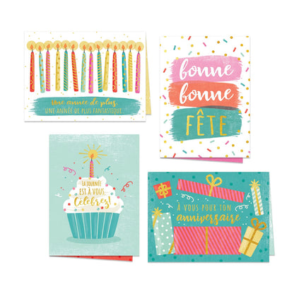 Colorful Happy Birthday Card Assortment / 24 Folded Anniversaire Greeting Cards With White Envelopes / 4 5/8" x 6 1/4" French Canadian Notecards / 4 Unique Designs/Made In Canada