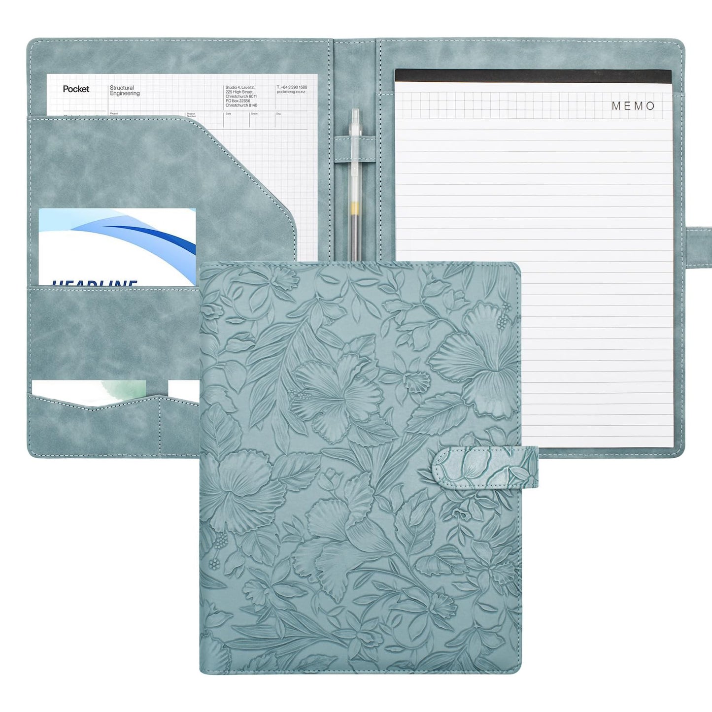 VANRA Padfolio Portfolio Binder Faux Leather Interview Resume Folder with Notepad, Document Organizer Card Holder, Letter-Sized Notepad Portfolio Organizer for Business School Office (Blue)