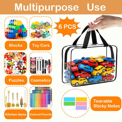 Wenscis 6 Packs Extra Large Toy Storage Bags with Zipper, Reusable Clear Plastic Toy Organizer Bag with Labels for Blocks, 11.8″×8.6″×3.9″Travel Waterproof Organizer Bags for Puzzles