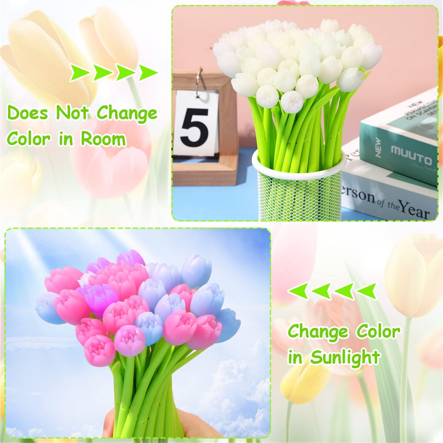SANNIX Color Changing Tulip Flower Pens, 50 Pcs Novely Fun Tulip Gel Ink Pen Bulk for Birthday Party Favors Gift School Classroom Office Stationery Store Bags Filler
