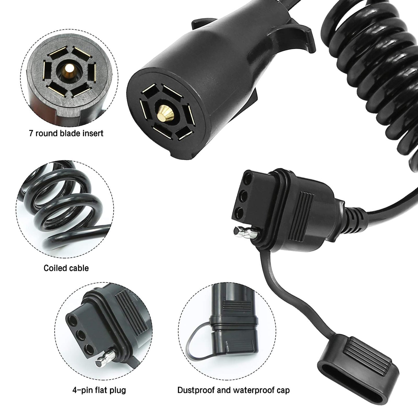 5ft 7 Way Round to 4 Way Pin Flat Trailer Connector Adapter Coiled Wiring Cable, Trailer Wiring Adapter Extension Harness, 7 Pin to 4 Pin Trailer Adapter for Truck RV Trailer