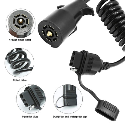 5ft 7 Way Round to 4 Way Pin Flat Trailer Connector Adapter Coiled Wiring Cable, Trailer Wiring Adapter Extension Harness, 7 Pin to 4 Pin Trailer Adapter for Truck RV Trailer