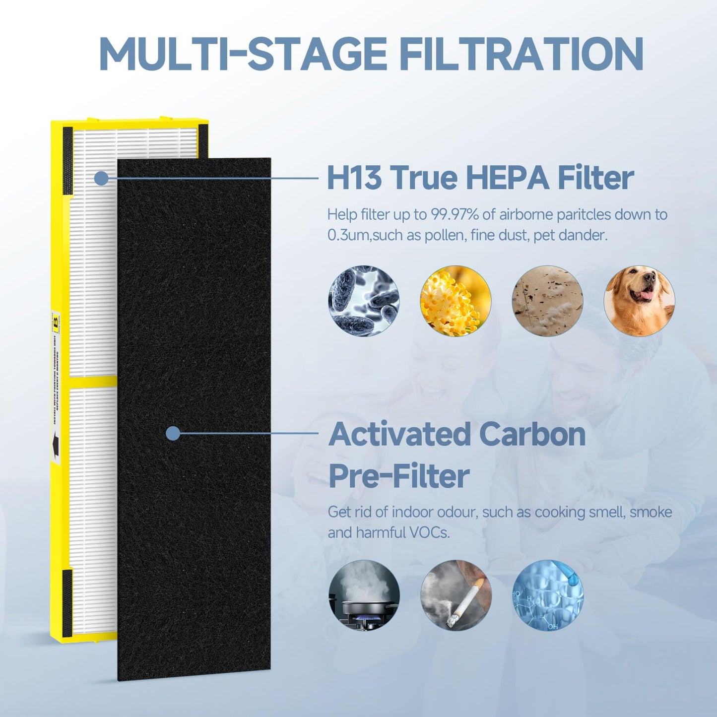 SAKEGDY FLT4825 HEPA Filter B Compatible with Air Purifier models AC4825 AC4300 AC4800 AC4900 AC4850, 2 True HEPA Filters + 6 Activated Carbon Pre-filters