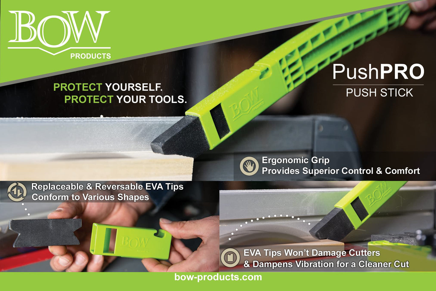 BOW Products PushPRO Push Stick PP1 - EVA Tipped Push Block for Table Saws - Reduces Vibrations and Improves Material Grip - Woodworking Safety Accessory