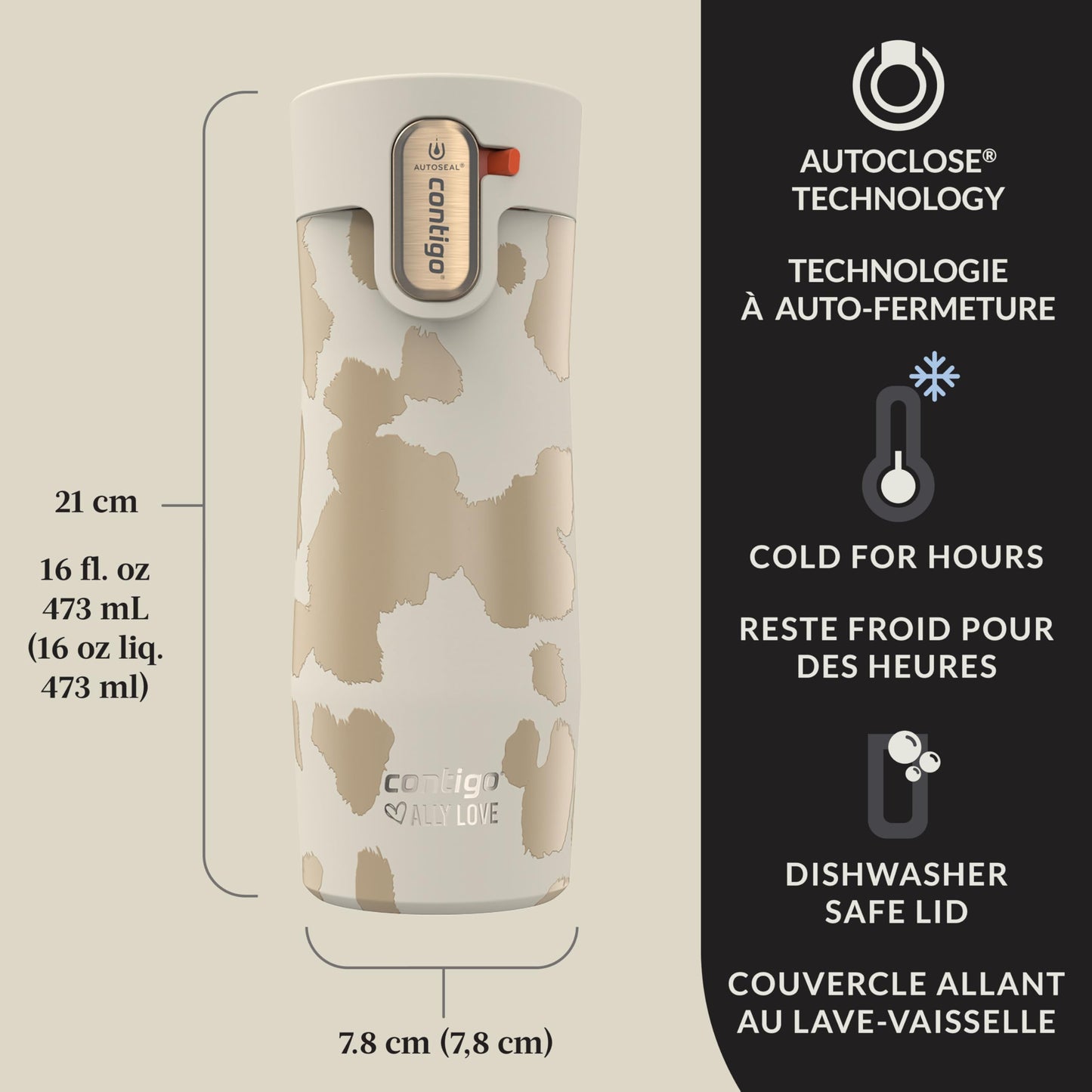 Contigo x Ally Love Stainless Steel Vacuum-Insulated Travel Mug w/Autoseal and Easy Clean Lid, Spill-Proof, Keeps Drinks Cold 24 hrs & hot for 11 hrs, BPA Free, 16oz/473mL, West Loop 3.0, Oatmilk