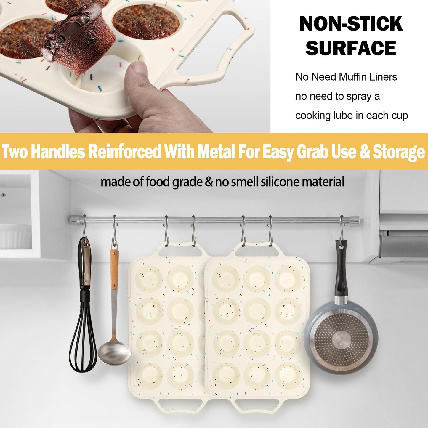 2 Pack Silicone Muffin Pans for Baking with Metal Reinforced Frame, Cupcake Pans Nonstick 12 Regular Size Cups, BPA Free Muffin Tin for Egg Bites Cake, Easy Pop Out & Dishwasher/Microwave/Freezer Safe
