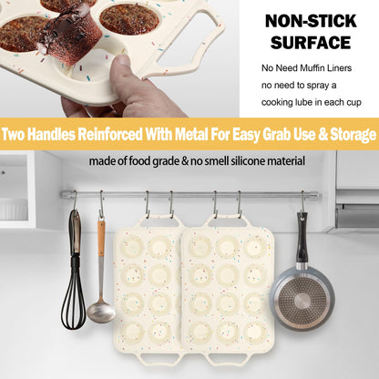 2 Pack Silicone Muffin Pans for Baking with Metal Reinforced Frame, Cupcake Pans Nonstick 12 Regular Size Cups, BPA Free Muffin Tin for Egg Bites Cake, Easy Pop Out & Dishwasher/Microwave/Freezer Safe