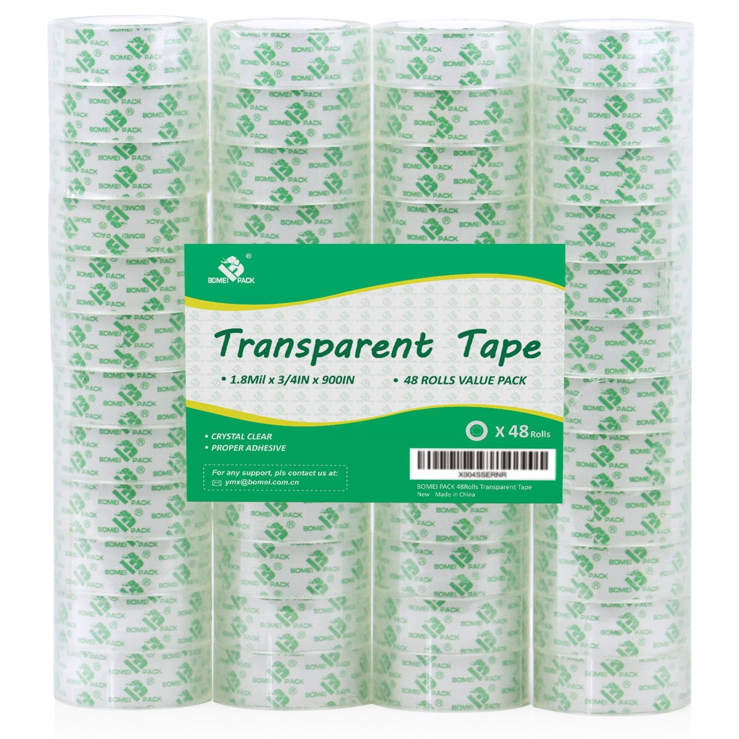 BOMEI PACK 48 Rolls Crystal Clear Transparent Tape, Stationery Tape Refills Rolls for Dispenser, 3/4 in x 900 in,1 inch Core, Gift Wrapping Clear Tape Bulk for Office, School and Home