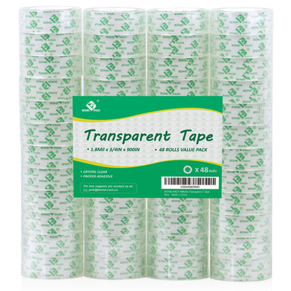 BOMEI PACK 48 Rolls Crystal Clear Transparent Tape, Stationery Tape Refills Rolls for Dispenser, 3/4 in x 900 in,1 inch Core, Gift Wrapping Clear Tape Bulk for Office, School and Home