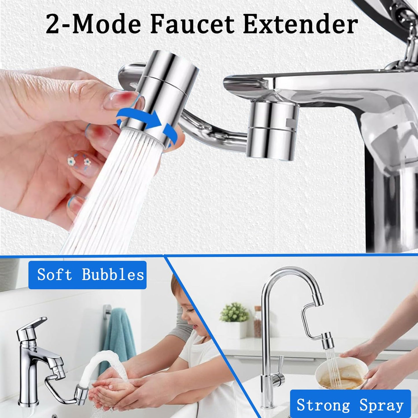 2Pcs 1080° Rotating Faucet Extender Aerator, Big Angle Swivel Extender Sink Attachment, New U Shaped Faucet Aerator for Sink Faucet, 2 Modes Sprayer - Aerator Mode & Rinse Mode