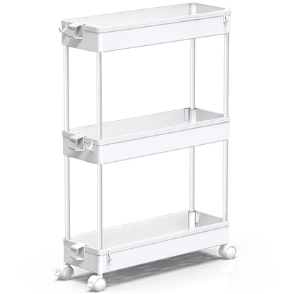 SPACEKEEPER Slim Rolling Storage Cart, Laundry Room Organization, 3 Tier Mobile Shelving Unit Bathroom Organizer Utility Cart for Kitchen, Narrow Places,White