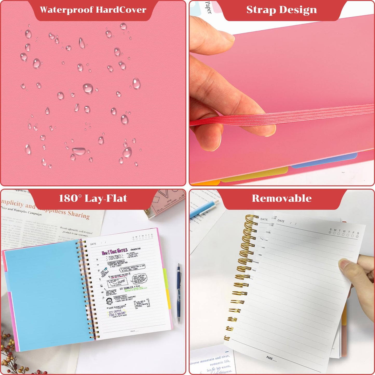 Spiral Notebook 8.8" x 11.4", 5 Subject Notebooks College Ruled with Tabs and Removable Dividers, Large A4 240 Pages 100GSM Thick Spiral Writing Journal Notebooks for Work, School (Pink)