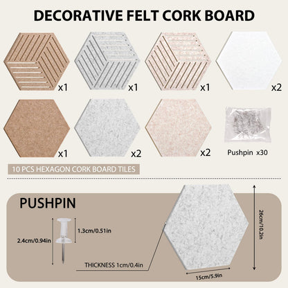 Weldomcor Hexagon Cork Board Tiles 10 Pack Cute Felt Bulletin Boards with 30 Push Pins, 12''x10'' Small Adhesive Pin Display Board Decorative Photo Memo Notes Pinboard for Office Wall Dorm Home Decor