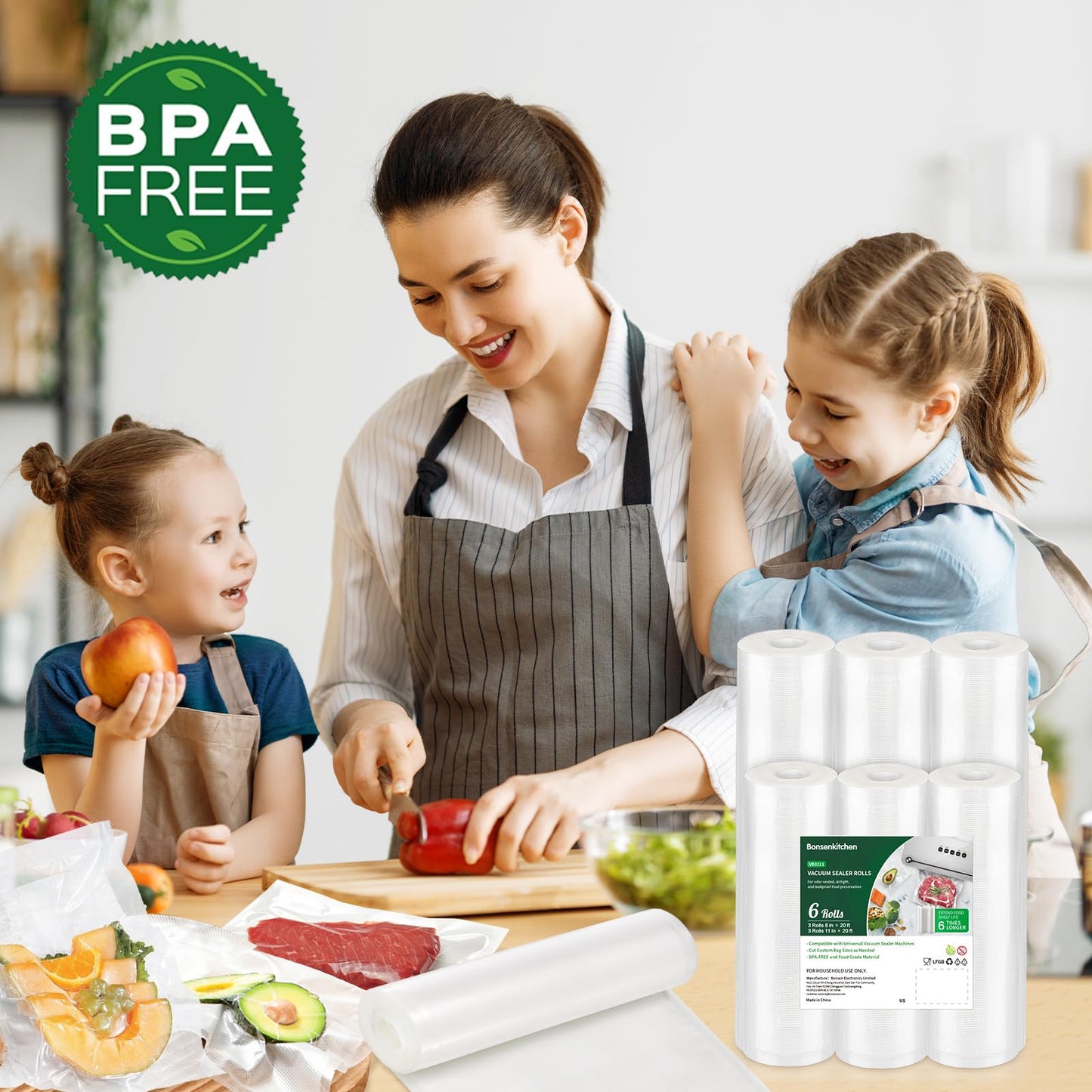 Bonsenkitchen Vacuum Sealer Bags, 6 Pack 3 Rolls 11" x 20' + 3 Rolls 8" x 20' Food Sealer Bags, Food Grade, BPA Free, Customized Size Vcuum Bag for Vac Storage, Meal Prep or Sous Vide Cooking, VB3211