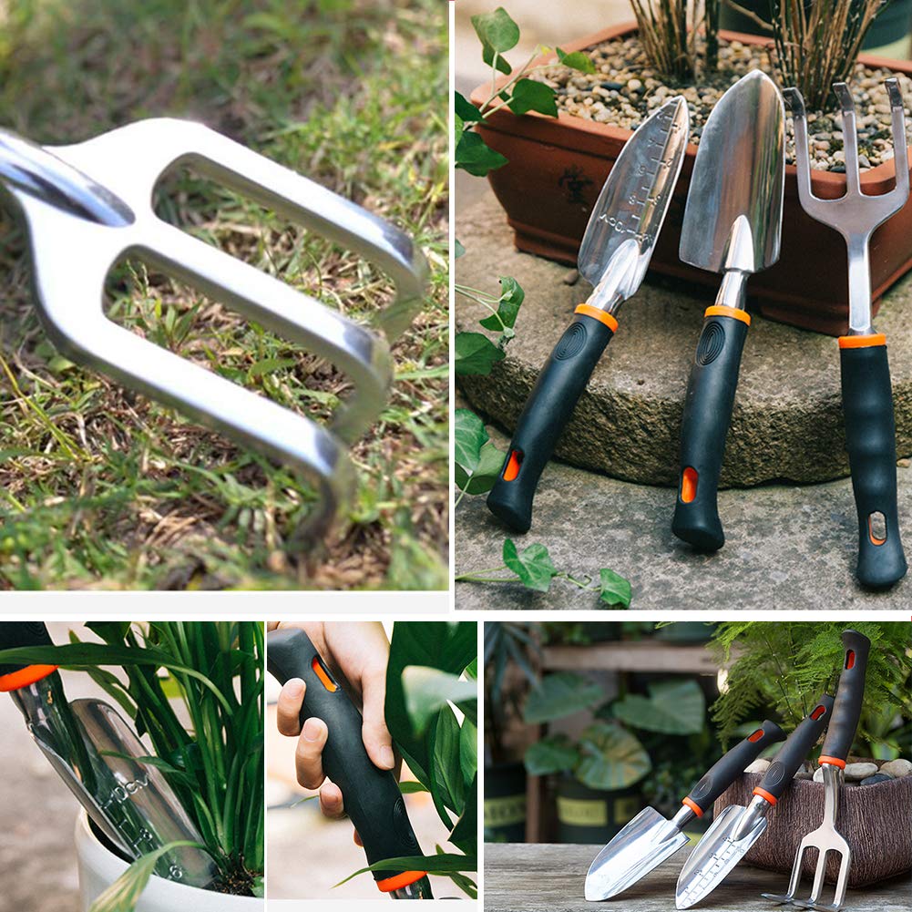 Yongkist 3 Piece Garden Tool Set, Cast-Aluminum Heavy Duty Gardening Kit Includes Hand Trowel, Transplant Trowel and Cultivator Hand Rake with Soft Rubberized Non-Slip Ergonomic Handle, Ideal Gifts