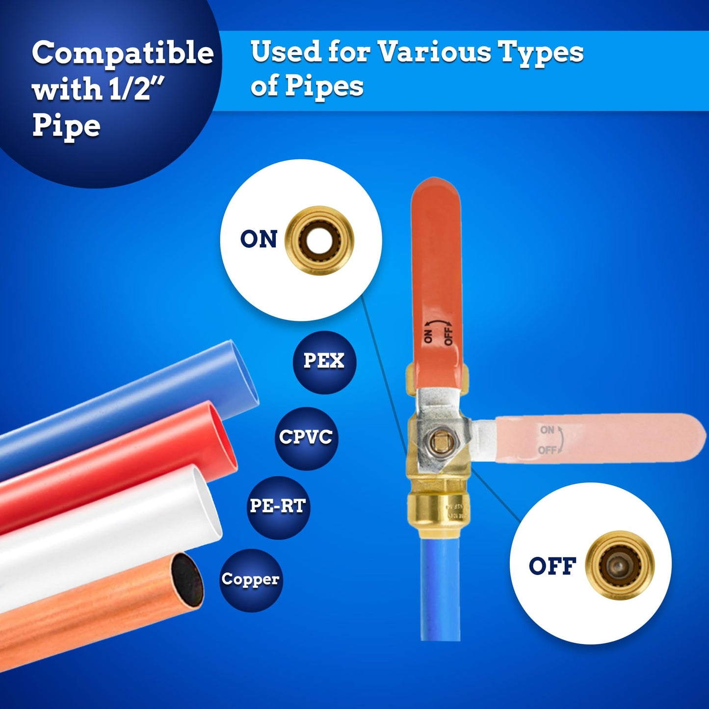 New Age America® 3pcs Push-Fit Ball Valve AquaFlow 360™ | 1/2" Ball Valve Shut Off | 1pc Hot (Red) & 1pc Cold (Blue) w Removal Tool | Full Port Shut Off | 1/4" Turn | Push-to-Connect | NSF/ANSI & UPC