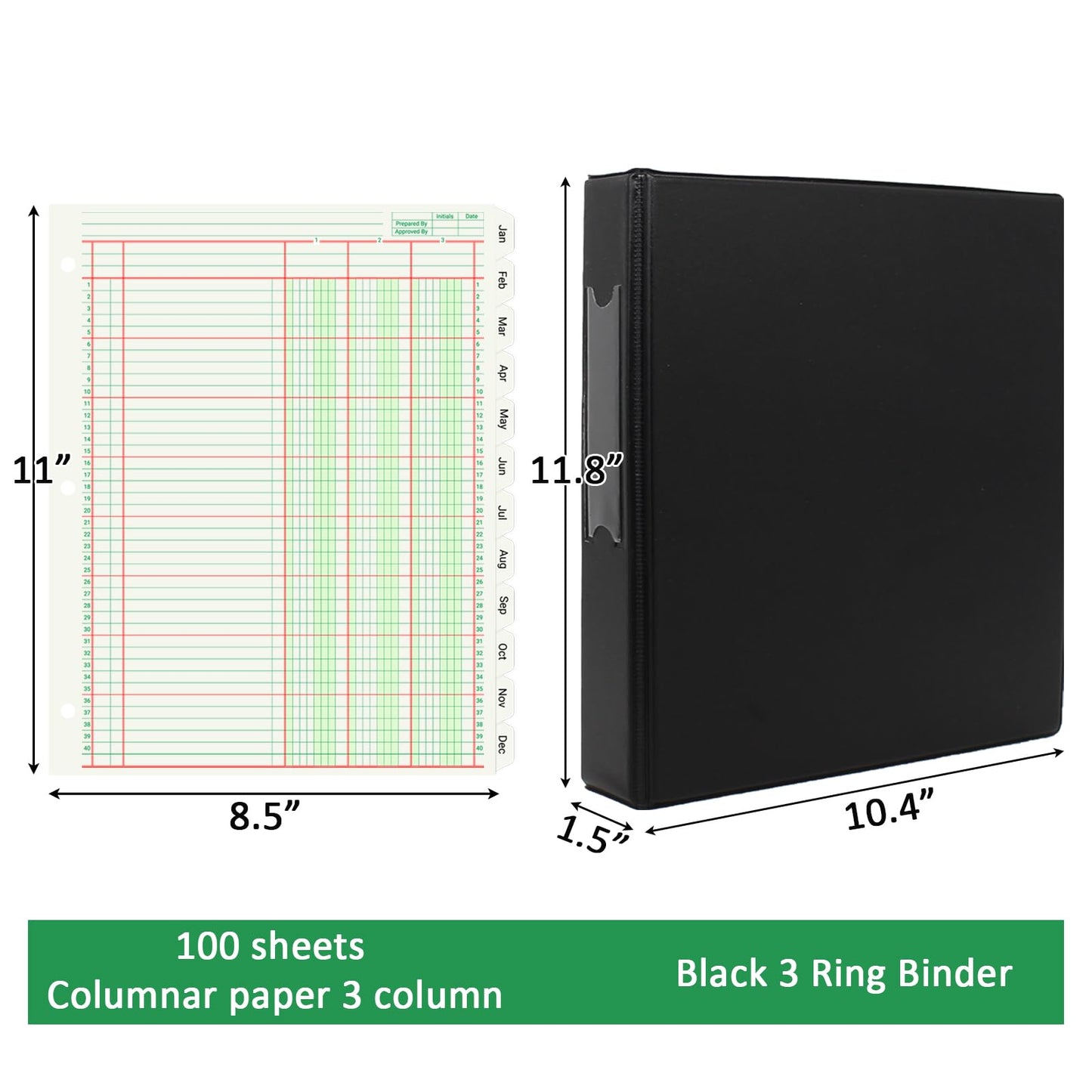 suituts 100 sheets Ledger Paper with 3 Ring Binder and Monthly Tabs, 3 Column Columnar Pads, Refillable Accounting Ledger Notebook (8.5X11 Inch)