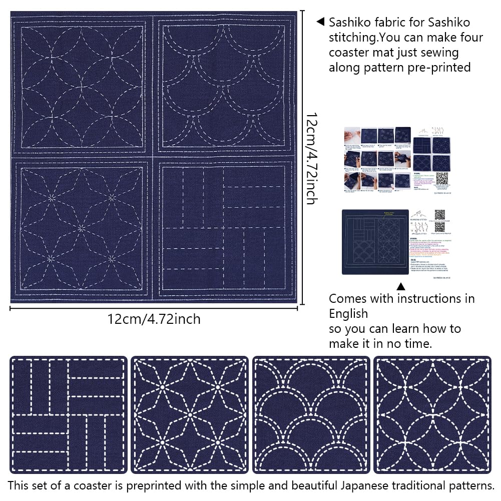 FREEBLOSS 4 Set Sashiko Coasters DIY Kit with Instructions Pre- Printed Sashiko Kit for Beginners Sashiko Practice Project Traditional Embroidery Kit Sashiko Printed Cloth Coaster for Housewarming