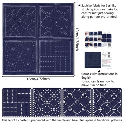 FREEBLOSS 4 Set Sashiko Coasters DIY Kit with Instructions Pre- Printed Sashiko Kit for Beginners Sashiko Practice Project Traditional Embroidery Kit Sashiko Printed Cloth Coaster for Housewarming
