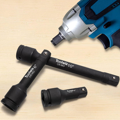 Toolwiz 3/4” Drive Impact Extension Bar 4”, 6”, 10” (3 Piece) Cr-Mo Steel, Expand The Range of Impact Drivers, Organized in PVC Box - Black 3/4 Ratchet Wrench Extension Bar Socket Set