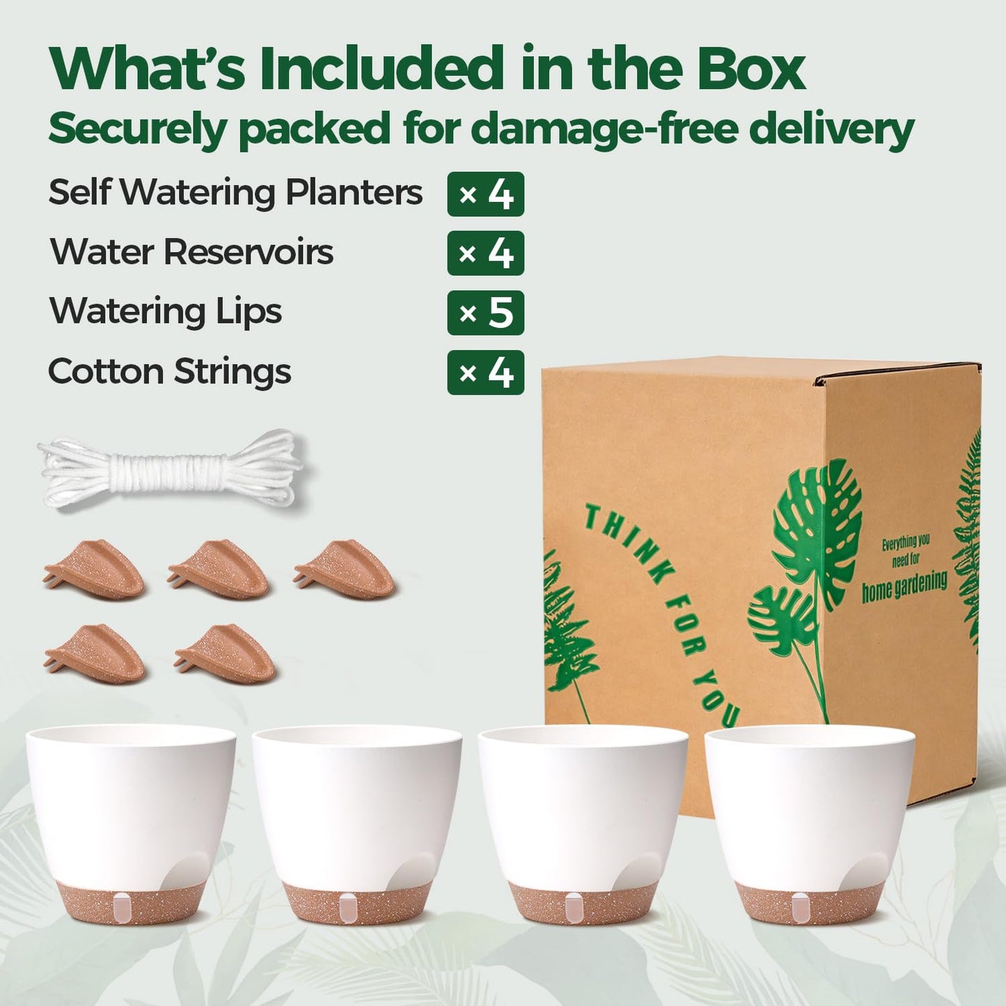 T4U Self Watering Pots 6 Inch 4 Pack, Plastic Planters with Water Level Window and Wick Rope for Busy People, Bottom Watering Pot for African Violets, Herbs and Pothos, Indoor Home Decor(White)