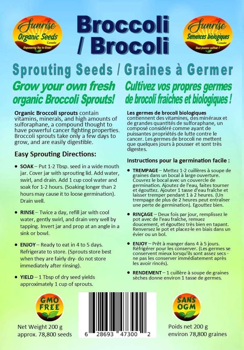 Broccoli Sprouting Seeds | Brocoli Graines à Germer | Organic & Non-GMO | Net Wt. 200 Grams (Approx. 78,800 Seeds) | High Germination Rate | Packaged in Canada
