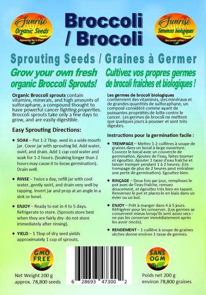 Broccoli Sprouting Seeds | Brocoli Graines à Germer | Organic & Non-GMO | Net Wt. 200 Grams (Approx. 78,800 Seeds) | High Germination Rate | Packaged in Canada