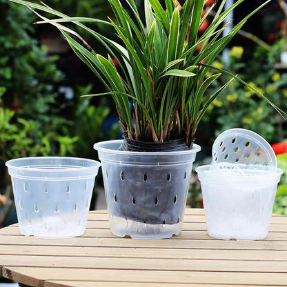 8pcs Orchid Pots with Saucers and Plant Stakes Set, 4" 5" 5.6" 6" Multi-Size, Clear Orchid Pot with Holes and Plant Support, Clear Plastic Breathable Orchid pots for Repotting