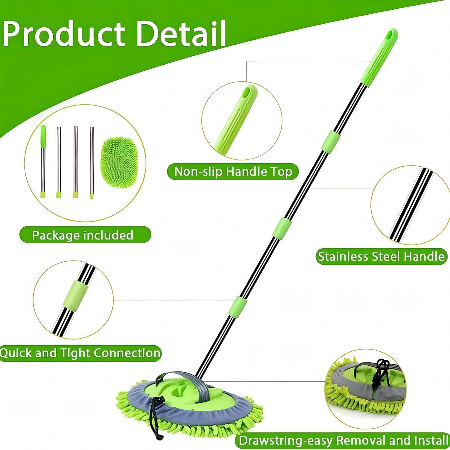 63" Car Wash Brush with Long Handle Microfiber Cleaning Mop Kit for SUV Truck RV 2 in 1 Windshield Cleaner Automotive Interior Exterior Detailing Duster Mitt Scrubber Scratch-Free Accessories