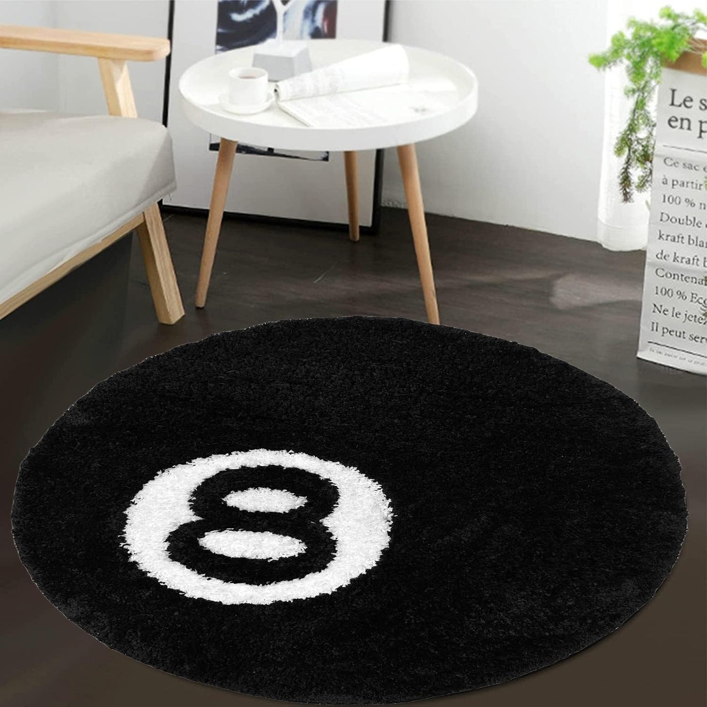 Aewerpec 24" Black Geometric Number 8 Ball Rug, Unique Circle Area Rug for Bedroom Decor