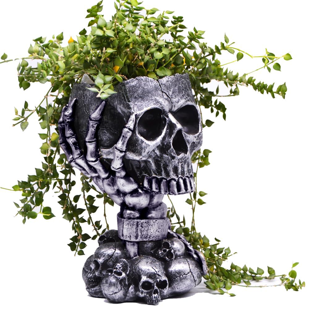 Skull Planter Gothic Home Decor, Cool Planters for Halloween Decorations Indoor/Outdoor Plants, Flower Pots, Plant Pots, Flower Pot, Plant Pot, Unique Statue Vase with Drainage(Tall Black Vases)
