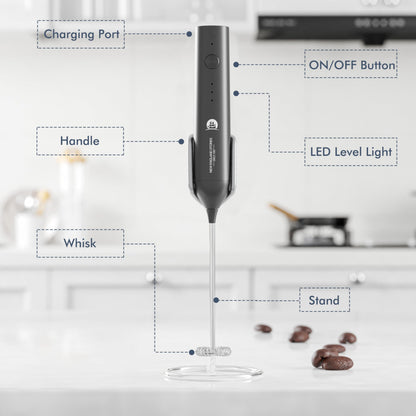 Rechargeable Milk Frother Wand with Stand, Foam Maker with Stainless Whisk, 3-Speeds Electric Handheld Drink Mixer for Coffee, Cappuccino, Latte, Matcha, Hot Chocolate (Black)
