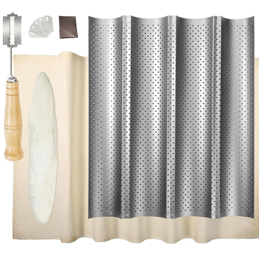 XUANZHI French Bread Baking Pan with Professional Proofing Cloth, 4 Loaves Baguette Bread Pan Long Sourdough Bread Baking Tray Perforated French Bread Pan for Professional Home,Bread Scraper