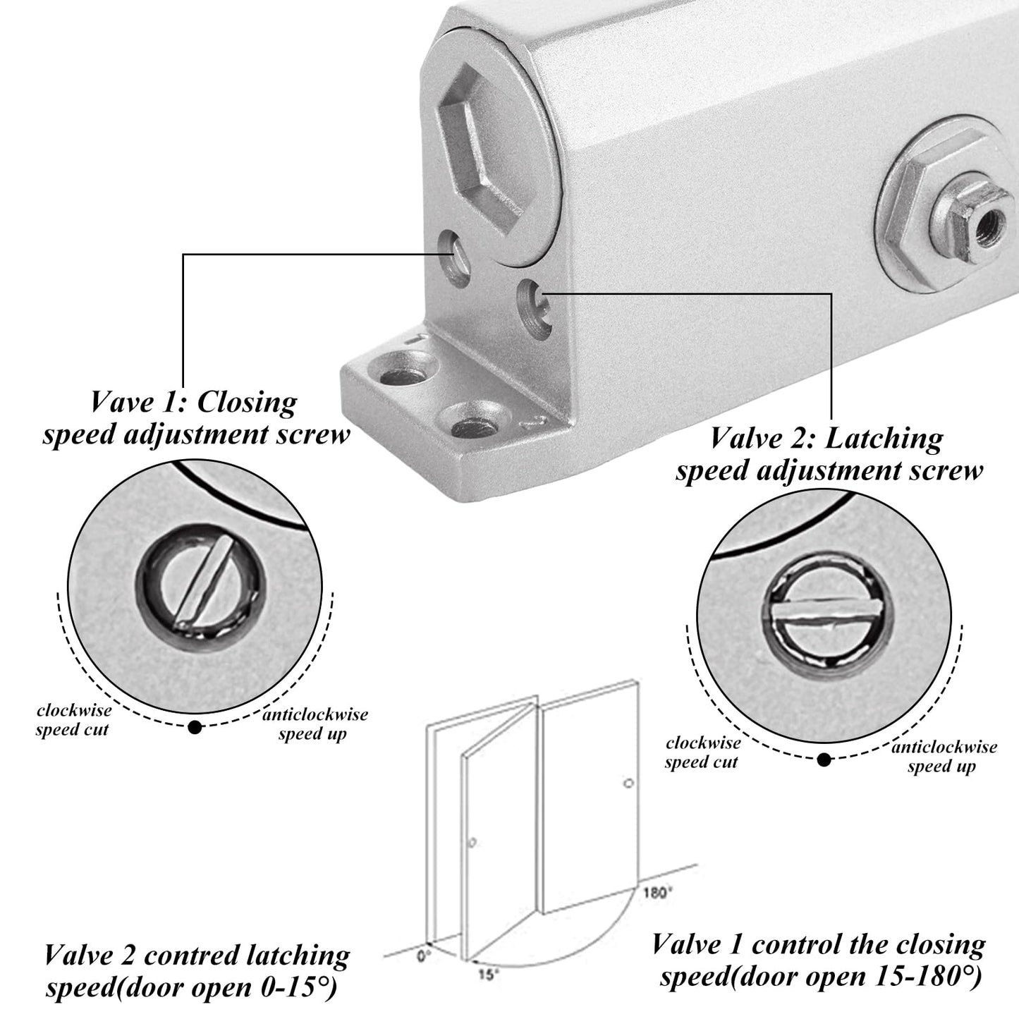 Automatic Door Closer for Home Adjustable Spring Hydraulic Door Closer Aluminum Finish Automatic Door Closing Commercial & Home Use for 45KG Middle-Weight Door (180 Degree Positioning)
